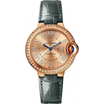 Relógio feminino falso Cartier Ballon Bleu de Cartier ouro rosa diamante pulseira de couro WJBB0076
