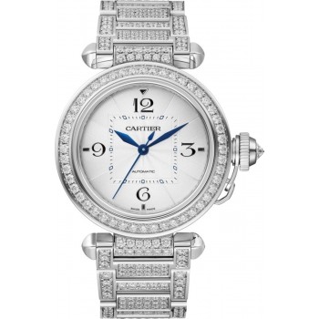 Cópia Cartier Pasha Silver Dial Diamond 18Kt Relógio Feminino em Ouro Branco WJPA0014