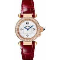 Relógio feminino falso Cartier Pasha De Cartier com mostrador opalino diamante rosa ouro pulseira de couro WJPA0017
