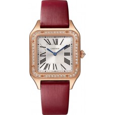 Cópia Cartier Santos Dumont mostrador prateado 18K ouro rosa diamante pulseira de couro relógio feminino WJSA0019