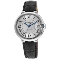 Relógio feminino falso Cartier Ballon Bleu 36 mm com mostrador prateado automático e pulseira de couro WSBB0028