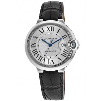 Relógio feminino falso Cartier Ballon Bleu 36 mm com mostrador prateado automático e pulseira de couro WSBB0028