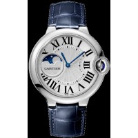 Relógio feminino falso Cartier Ballon Bleu de Cartier com mostrador prateado e pulseira de couro WSBB0029