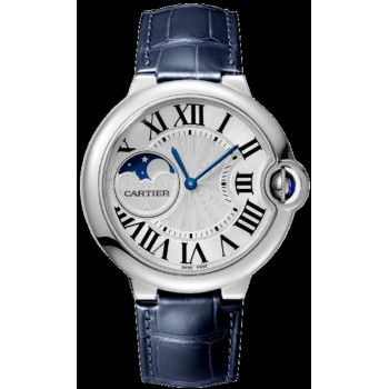 Relógio feminino falso Cartier Ballon Bleu de Cartier com mostrador prateado e pulseira de couro WSBB0029