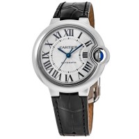 Relógio feminino falso Cartier Ballon Bleu 33 mm com mostrador prateado e pulseira de couro WSBB0030
