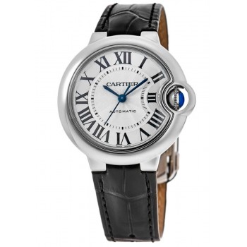 Relógio feminino falso Cartier Ballon Bleu 33 mm com mostrador prateado e pulseira de couro WSBB0030