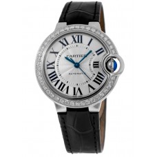 Cópia Cartier Ballon Bleu 33mm mostrador prateado personalizado moldura de diamante pulseira de couro relógio feminino WSBB0030-CD