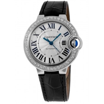 Cópia Cartier Ballon Bleu 33mm mostrador prateado personalizado moldura de diamante pulseira de couro relógio feminino WSBB0030-CD