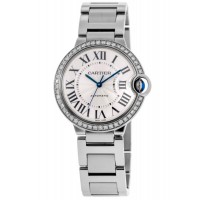 Copiar relógio feminino Cartier Ballon Bleu 36 mm com moldura de diamante personalizado em aço WSBB0048-CD