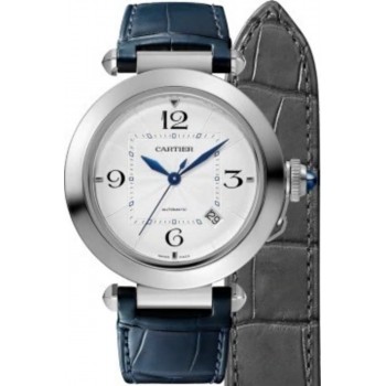 Replica Relógio Cartier Pasha 41 mm com mostrador prateado e pulseira de couro WSPA0010