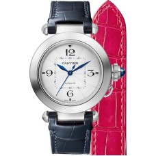 Relógio feminino falso Cartier Pasha 35 mm com mostrador prateado e pulseira de couro WSPA0012