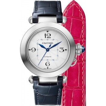 Relógio feminino falso Cartier Pasha 35 mm com mostrador prateado e pulseira de couro WSPA0012
