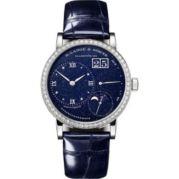 Réplica do relógio A. Lange & Sohne Little Lange 1 Moon Phase em ouro branco com bisel de diamantes 182.886