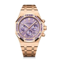 Réplica do Audemars Piguet Royal Oak Chronograph em ouro rosa fosco com índices roxos, pulseira de 34 mm, código 26319OR.AY.1256OR.01