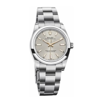 Rolex Oyster Perpetual 34 com bracelete Oyster e mostrador prateado.