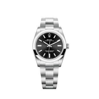 Rolex Oyster Perpetual 34 com pulseira Oyster e mostrador preto brilhante.