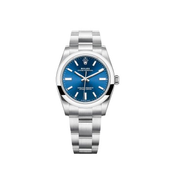 Rolex Oyster Perpetual 34 com bracelete Oyster e mostrador azul brilhante.