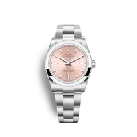 Rolex Oyster Perpetual 34 com pulseira Oyster e mostrador rosa.