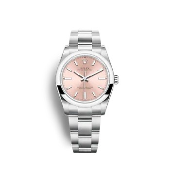 Rolex Oyster Perpetual 34 com pulseira Oyster e mostrador rosa.