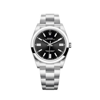 Rolex Oyster Perpetual 41 com bracelete Oyster e mostrador preto brilhante.