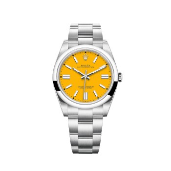 Rolex Oyster Perpetual 41 com pulseira Oyster e mostrador amarelo.