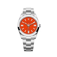 Rolex Oyster Perpetual 41 com pulseira Oyster e mostrador vermelho coral.