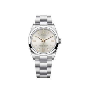 Rolex Oyster Perpetual 36 com bracelete Oyster e mostrador prateado.