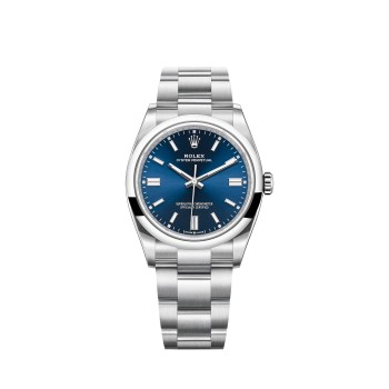 Rolex Oyster Perpetual 36 com bracelete Oyster e mostrador azul brilhante.