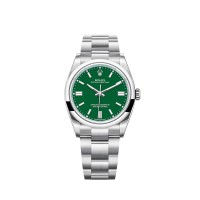 Rolex Oyster Perpetual 36 com mostrador verde e pulseira Oyster.