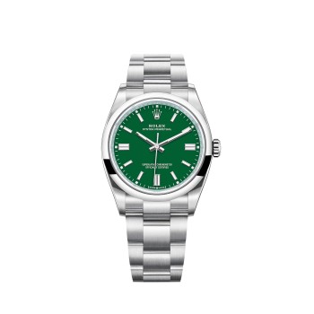Rolex Oyster Perpetual 36 com mostrador verde e pulseira Oyster.
