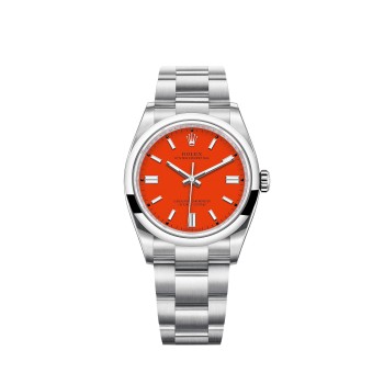 Rolex Oyster Perpetual 36 com mostrador vermelho coral e pulseira Oyster.