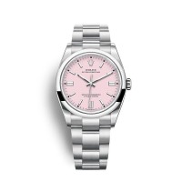 Rolex Oyster Perpetual 36 com mostrador rosa-chiclete e pulseira Oyster.