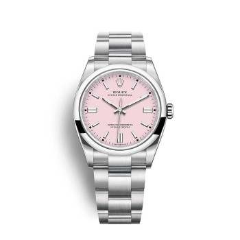 Rolex Oyster Perpetual 36 com mostrador rosa-chiclete e pulseira Oyster.
