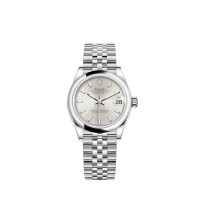 Rolex Datejust 31 em aço Oystersteel com mostrador prateado e pulseira Jubilee.