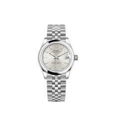 Rolex Datejust 31 em aço Oystersteel com mostrador prateado e pulseira Jubilee.