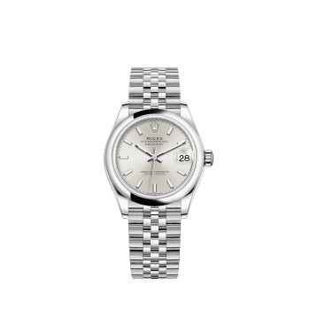 Rolex Datejust 31 em aço Oystersteel com mostrador prateado e pulseira Jubilee.