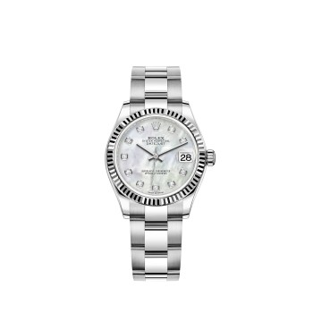 Rolex Datejust 31 com mostrador em Rolesor branco e madrepérola cravejado de diamantes.