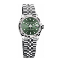 Rolex Datejust 31 em Rolesor branco com mostrador verde e pulseira Jubilee.
