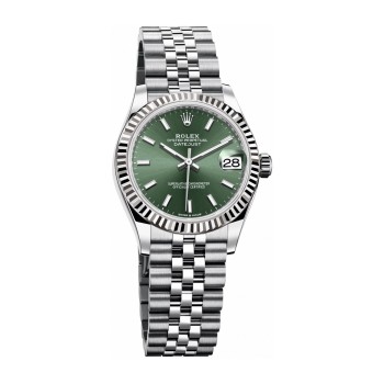 Rolex Datejust 31 em Rolesor branco com mostrador verde e pulseira Jubilee.