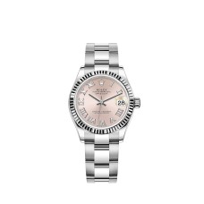 Rolex Datejust 31 com mostrador rosa em Rolesor branco e pulseira Oyster.