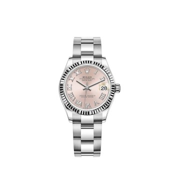 Rolex Datejust 31 com mostrador rosa em Rolesor branco e pulseira Oyster.