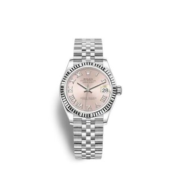 Rolex Datejust 31 com mostrador rosa em Rolesor e pulseira Jubilee.