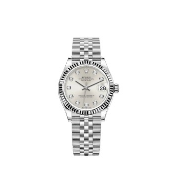 Rolex Datejust 31 com bracelete Jubilee em Rolesor branco e mostrador cravejado de diamantes.