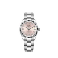 Rolex Datejust 31 em Rolesor branco com pulseira Oyster e mostrador cravejado de diamantes.