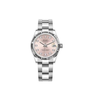Rolex Datejust 31 em Rolesor branco com pulseira Oyster e mostrador cravejado de diamantes.