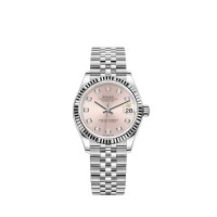 Rolex Datejust 31 com mostrador rosa em Rolesor e pulseira Jubilee.