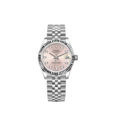 Rolex Datejust 31 com mostrador rosa em Rolesor e pulseira Jubilee.