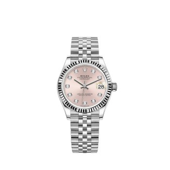 Rolex Datejust 31 com mostrador rosa em Rolesor e pulseira Jubilee.