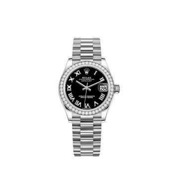 Rolex Datejust 31 President com pulseira em ouro branco e mostrador preto.