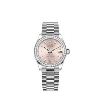 Rolex Datejust 31 President com pulseira em ouro branco e mostrador rosa.
